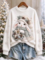 Women's White Christmas Bunny Print Cozy Flannel Sweatshirt