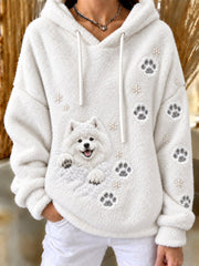 Women's Snowy Winter Peeking Samoyed Dog & Paw Prints Print Flannel Hoodie