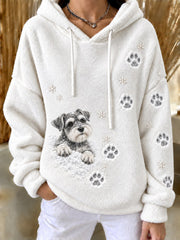 Women's Snowy Winter Peeking Schnauzer Dog & Paw Prints Print Flannel Hoodie