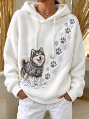 Women's Winter Alaskan Malamute Pattern Causal Flannel Hoodie