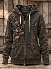 Women's Peeking Rottweiler Dog & Paw Prints Zipper Patchwork Print Full Zip Hoodie