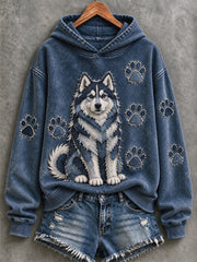 Women's Alaskan Malamute & Paw Prints Patchwork Print Casual Hoodie