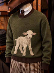 Men's Retro Farm Sheep Pattern Colorful Checkered Design Casual Imitation Sweater