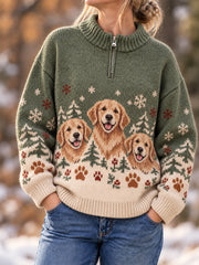 Women's Cute Dogs In Autumn And Winter Print Casual Zipper Pullover