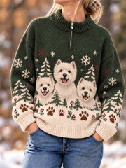 Women's Cute Dogs In Autumn And Winter Print Casual Zipper Pullover
