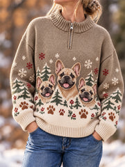 Women's Cute Dogs In Autumn And Winter Print Casual Zipper Pullover