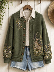Women's Vintage Forest Bunny Floral Print Cardigan-Style Knit Jacket