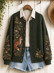Women's Vintage Forest Bunny Fox Print Cardigan-Style Knit Jacket
