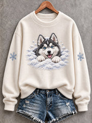 Women's Snowy Winter Husky Dog In the Snow Print Flannel Sweatshirt