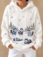 Women's Winter Siberian Huskies Pattern Causal Flannel Hoodie
