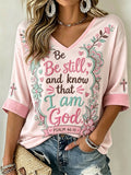 Women's faith-themed fun slogan pattern printed casual mid-length sleeves V-neck T-shirt
