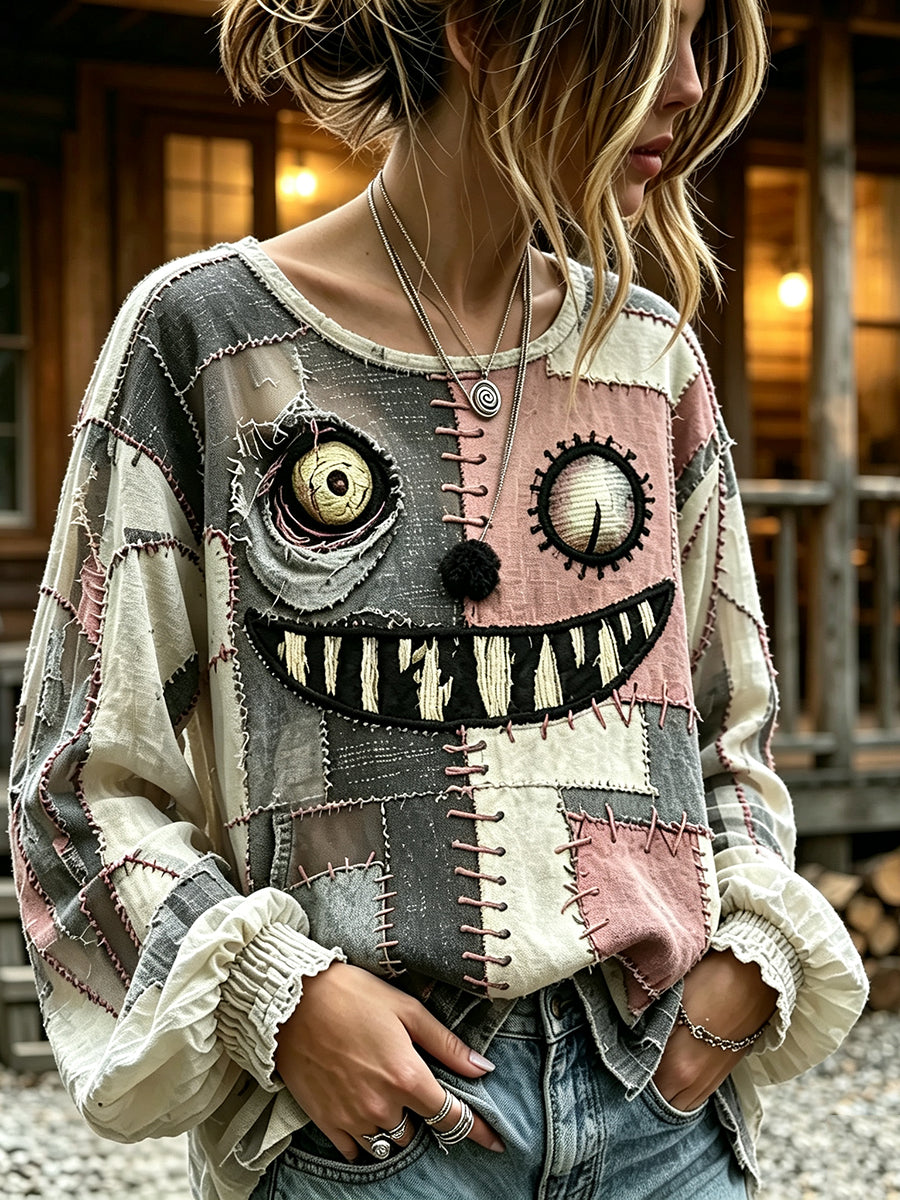 Women's Retro Halloween Patchwork Print Cotton-Linen Shirt