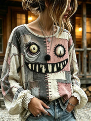 Women's Retro Halloween Patchwork Print Cotton-Linen Shirt