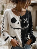 Women's Retro Halloween Spooky Smiley Face Contrast Print Cotton-Linen Shirt