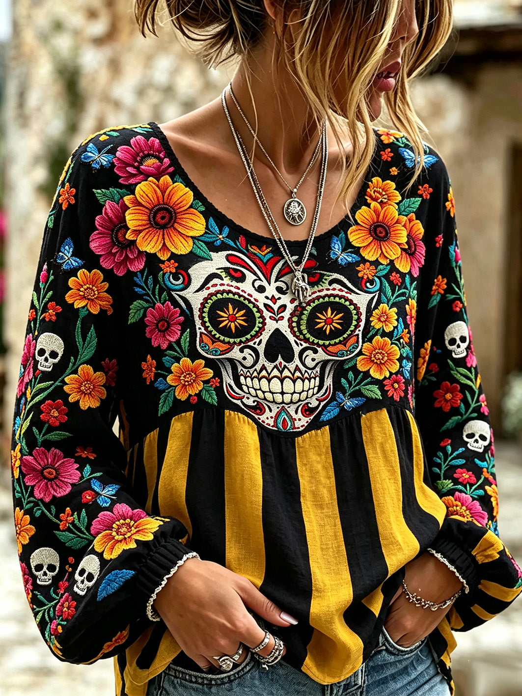 Women's skull and plant flower pattern printed casual cotton and linen shirt