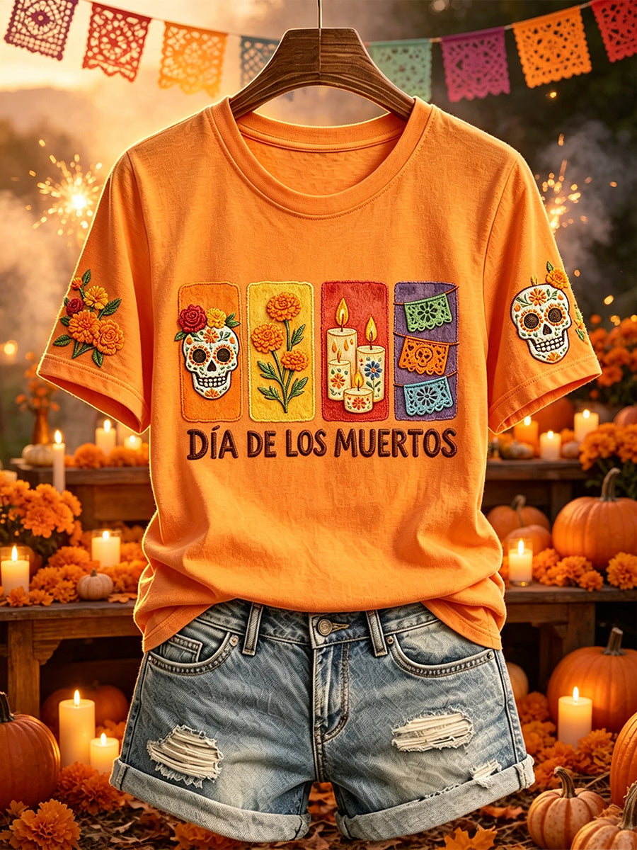Women's  Day of the Dead Mexican Floral Sugar Skulls Print Short-sleeved T-shirt