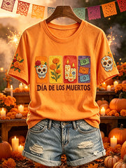 Women's  Day of the Dead Mexican Floral Sugar Skulls Print Short-sleeved T-shirt