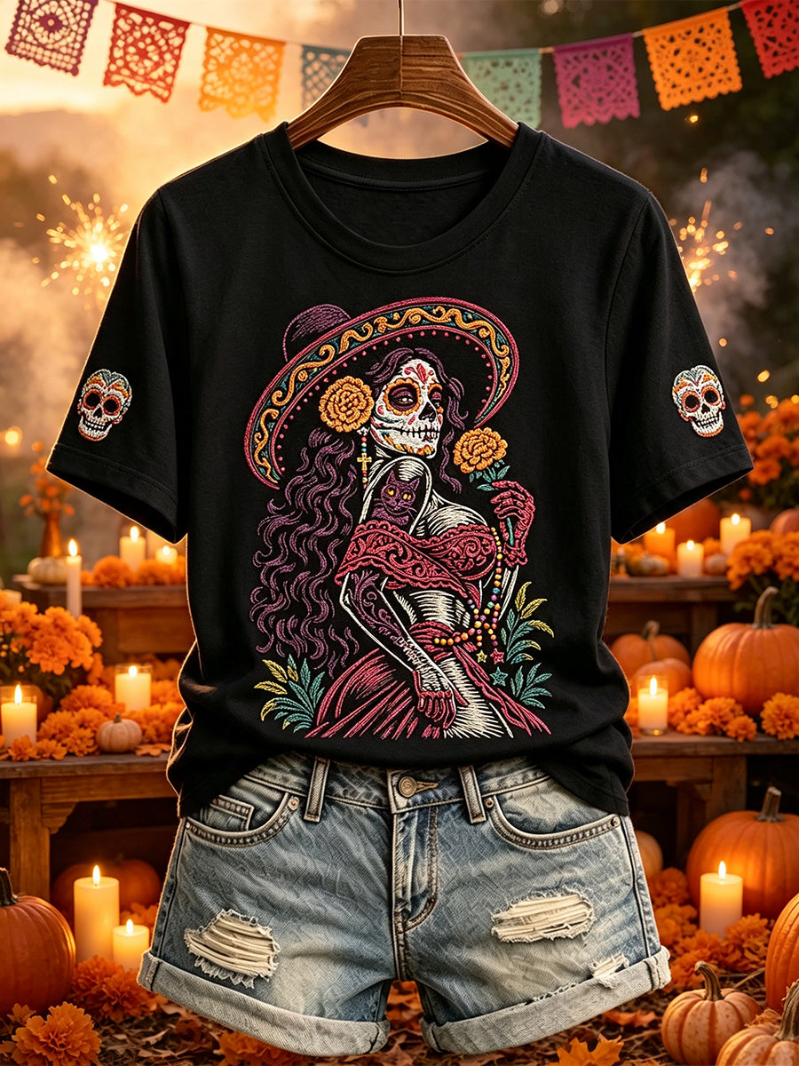 Women's Day of the Dead Skull Lady Print Short-sleeved T-shirt