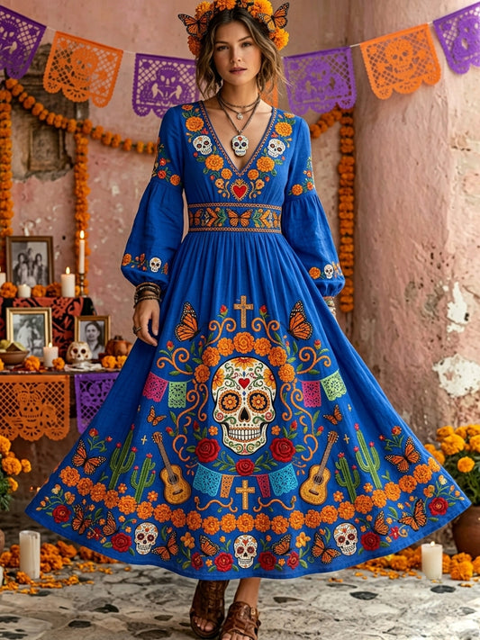 Women's Day Of Dead Sugar Skull Mexican Floral Print Long Sleeve Maxi Dress