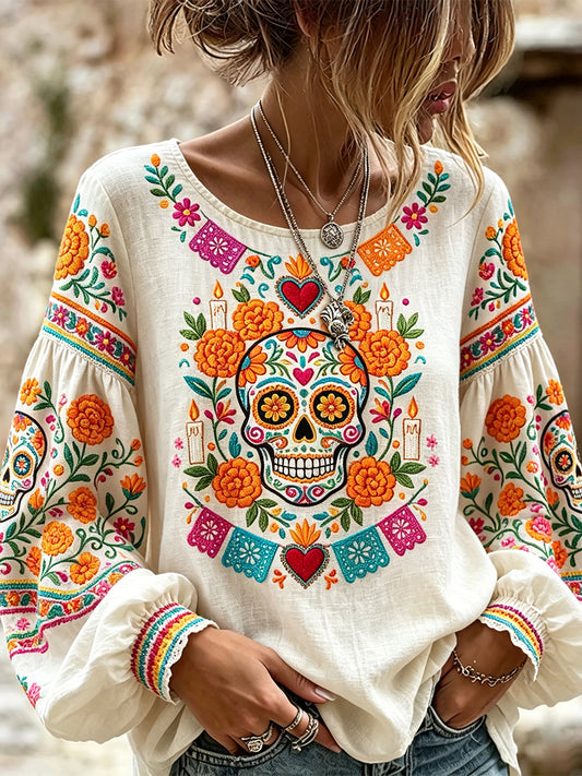 Women's Day Of Dead Sugar Skull Mexican Floral Print Cotton-Linen Shirt