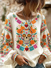 Women's Day Of Dead Sugar Skull Mexican Floral Print Cotton-Linen Shirt