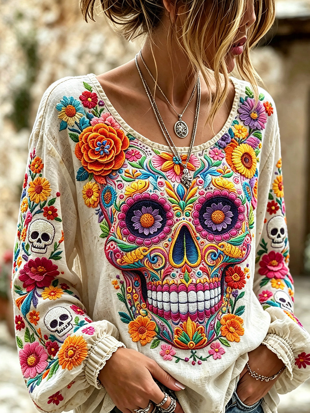 Women's skull and plant flower pattern printed casual cotton and linen shirt