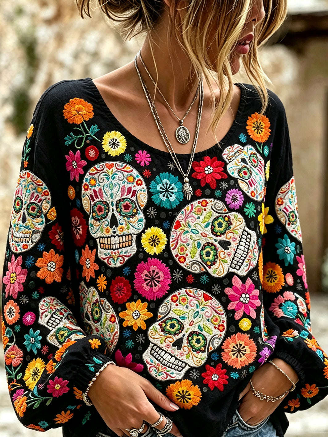 Women's skull and plant flower pattern printed casual cotton and linen shirt