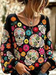 Women's skull and plant flower pattern printed casual cotton and linen shirt