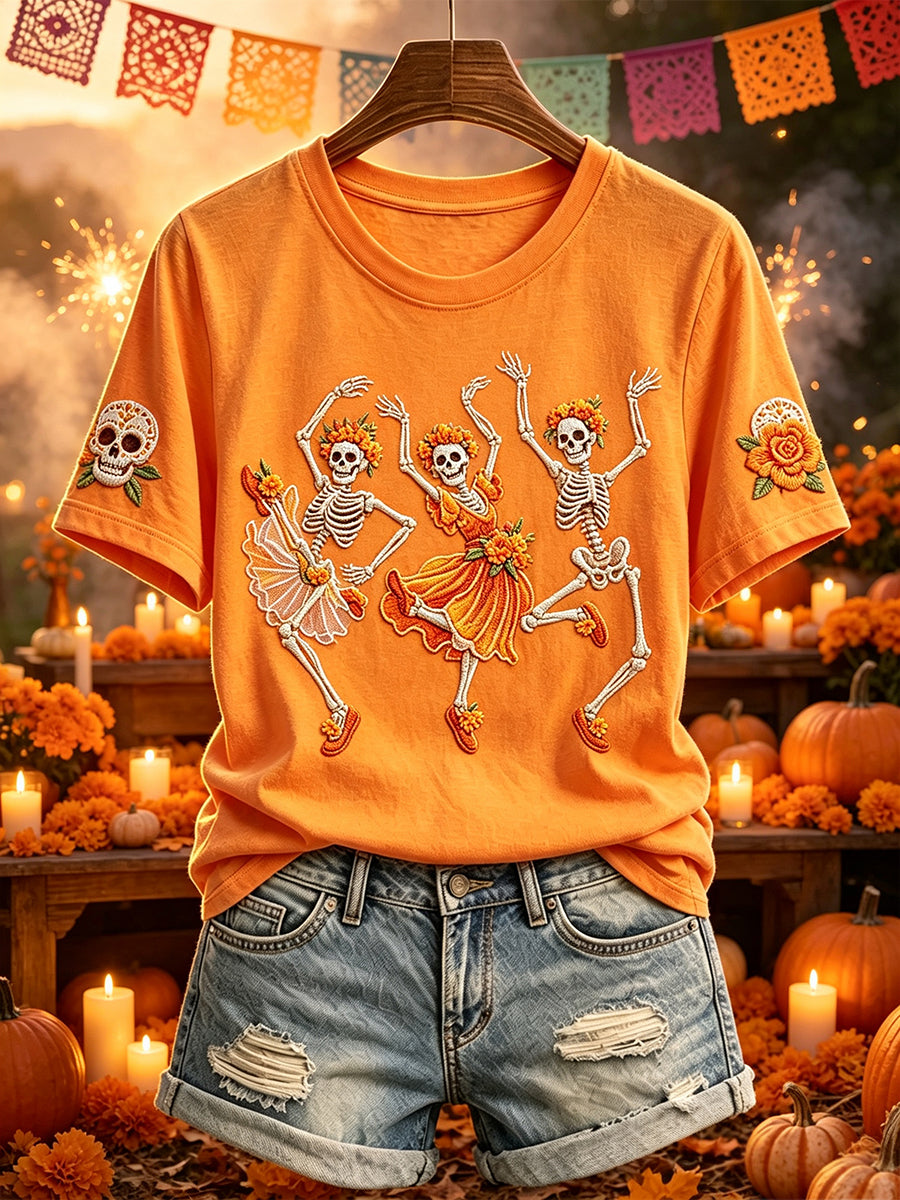 Women's Day of the Dead Dancing Skeletons Print Short-sleeved T-shirt