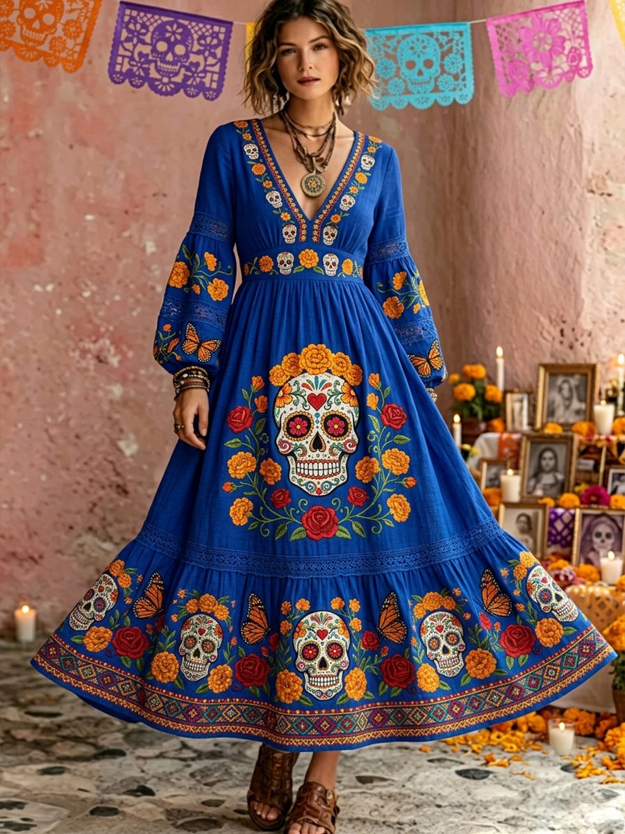 Women's Day Of Dead Sugar Skull Mexican Floral Print Long Sleeve Maxi Dress