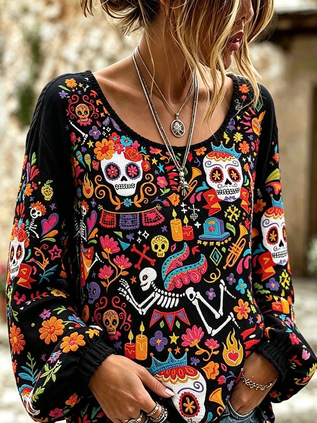 Women's skull and plant flower pattern printed casual cotton and linen shirt