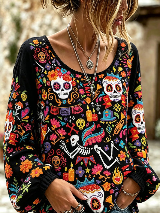 Women's skull and plant flower pattern printed casual cotton and linen shirt