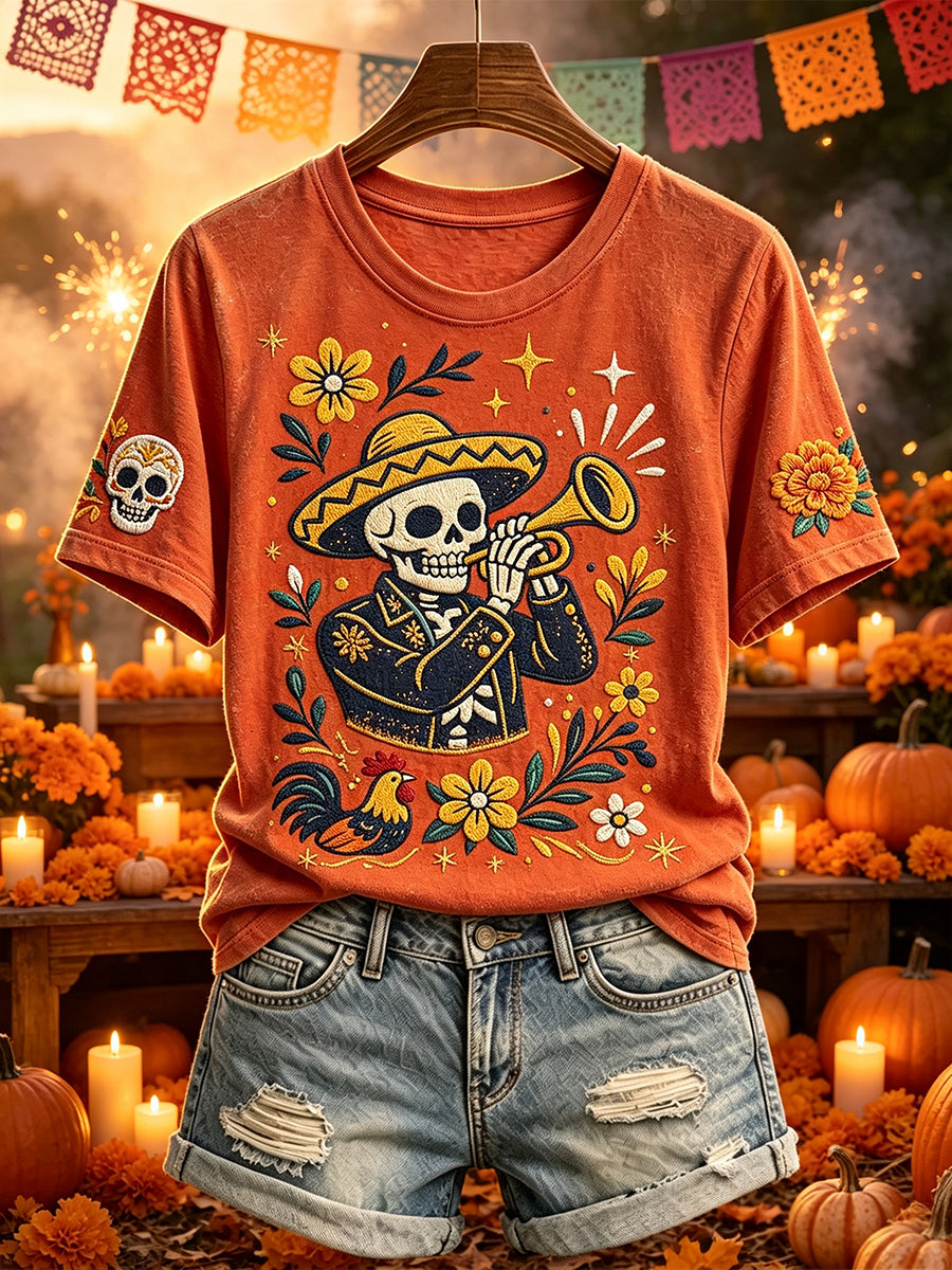 Women's Skeleton Mariachi Trumpet Día de los Muertos Folk Art Print Short-sleeved T-shirt
