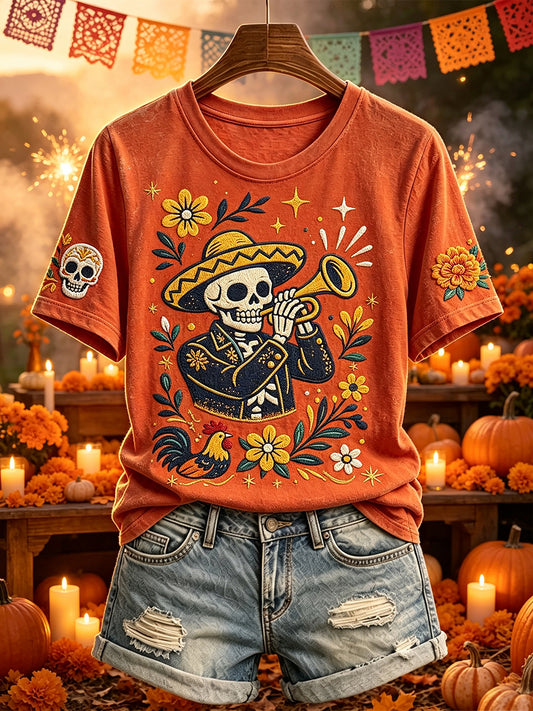 Women's Skeleton Mariachi Trumpet Día de los Muertos Folk Art Print Short-sleeved T-shirt