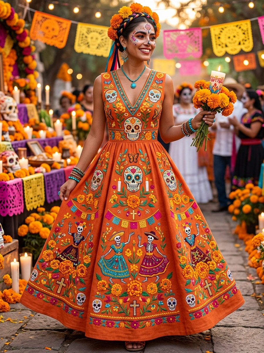 Women's Day of the Dead Sugar Skull Mexican Floral Print Sleeveless Maxi Dress