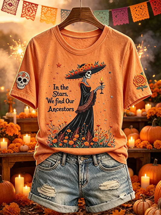 Women's Day of the Dead Ancestors in the Stars Print Short-sleeved T-shirt