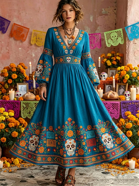 Women's Day Of Dead Sugar Skull Mexican Floral Print Long Sleeve Maxi Dress