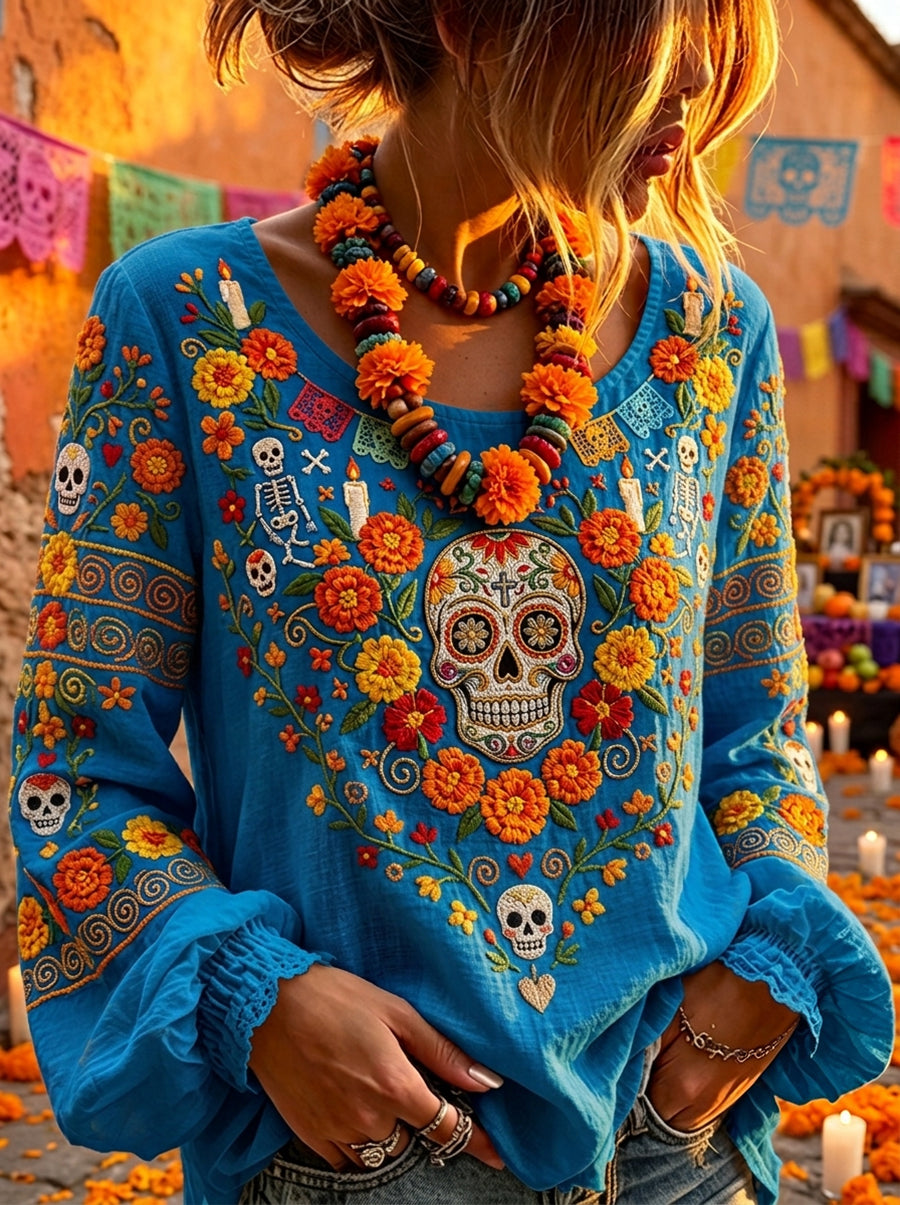 Women's Day Of Dead Sugar Skull Mexican Floral Print Cotton-Linen Shirt