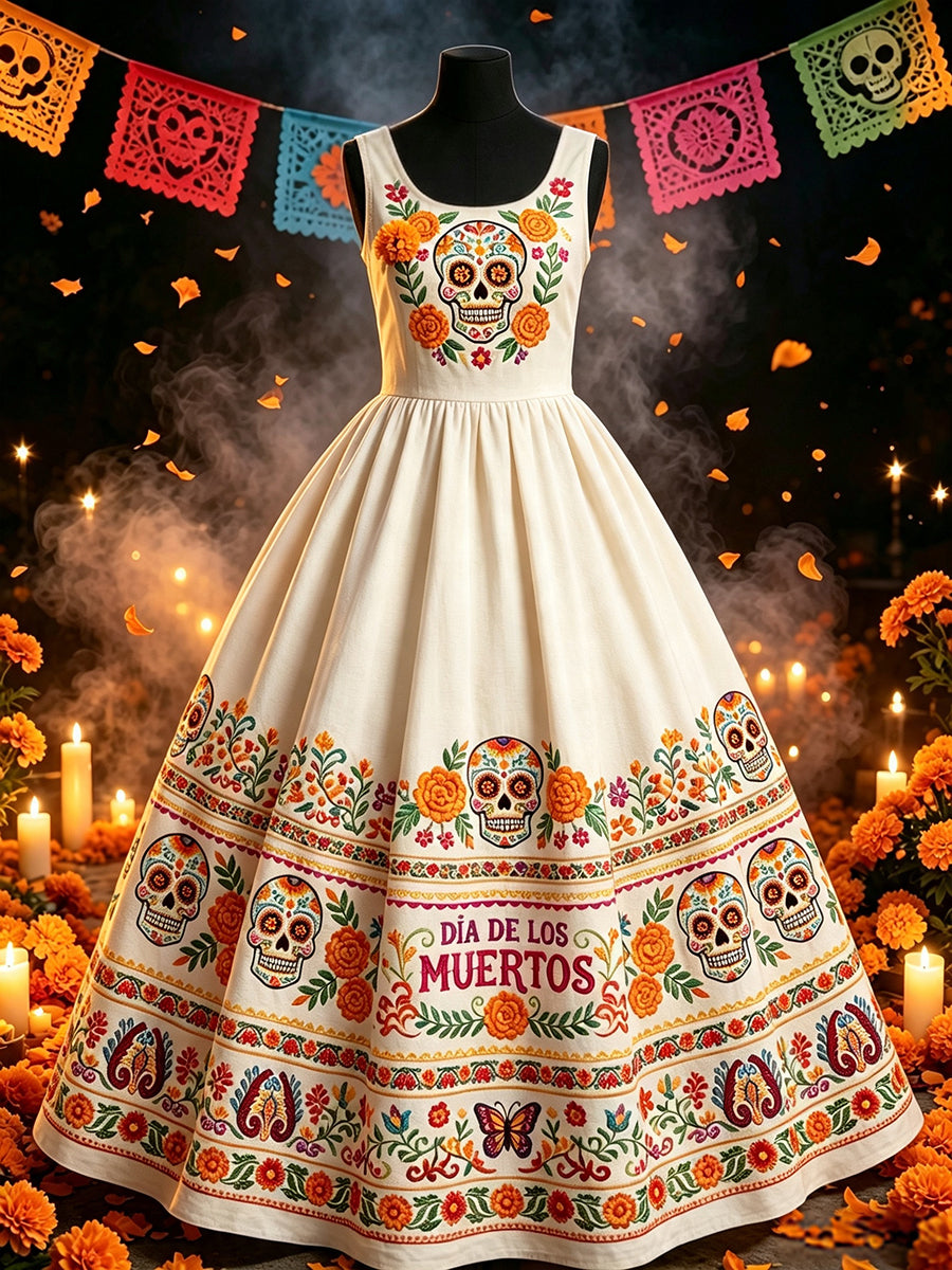 Women's Day Of Dead Sugar Skull Mexican Floral Print Maxi Dress