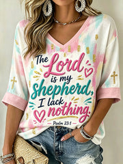 Women's Faith-Themed Pattern Printed Casual Mid-length Sleeves V-Neck T-Shirt