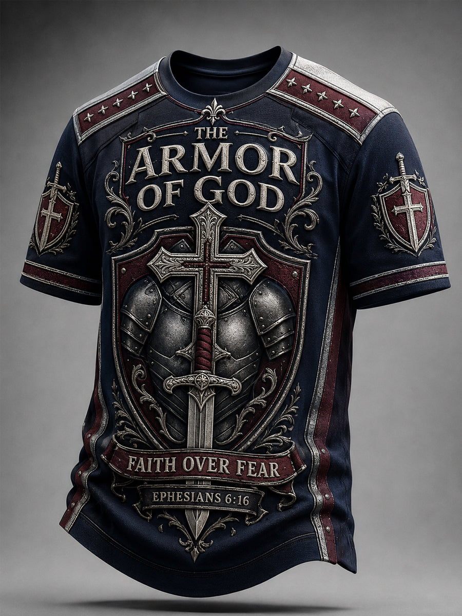 Men's Christian Armor Of God Faith Over Fear Print Casual Tee