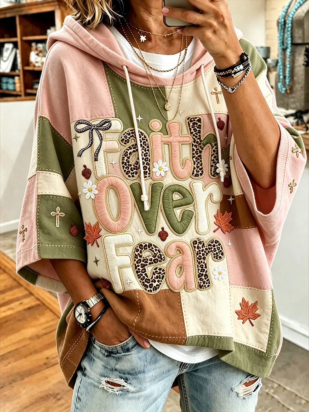 Women's autumn theme belief slogan pattern printed casual hoodie