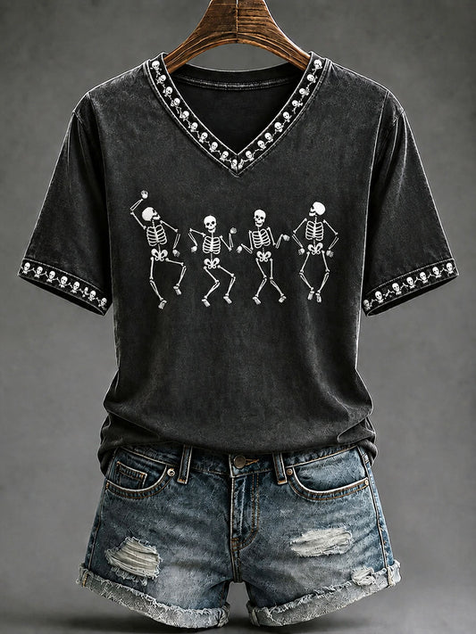 Women's Fun Skull Dancing Halloween Casual T-shirt