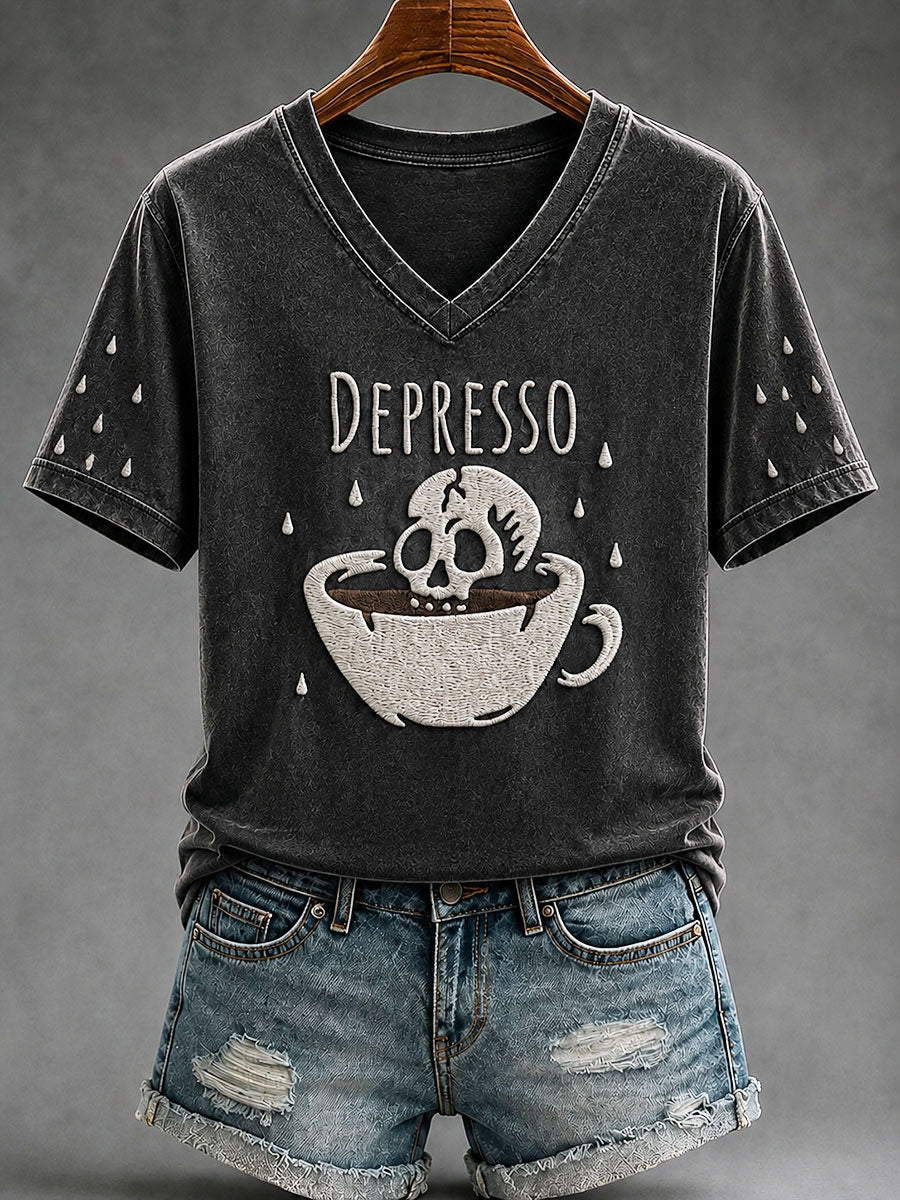 Women's "Depresso" Fun Skull Cafe Halloween Casual T-shirt
