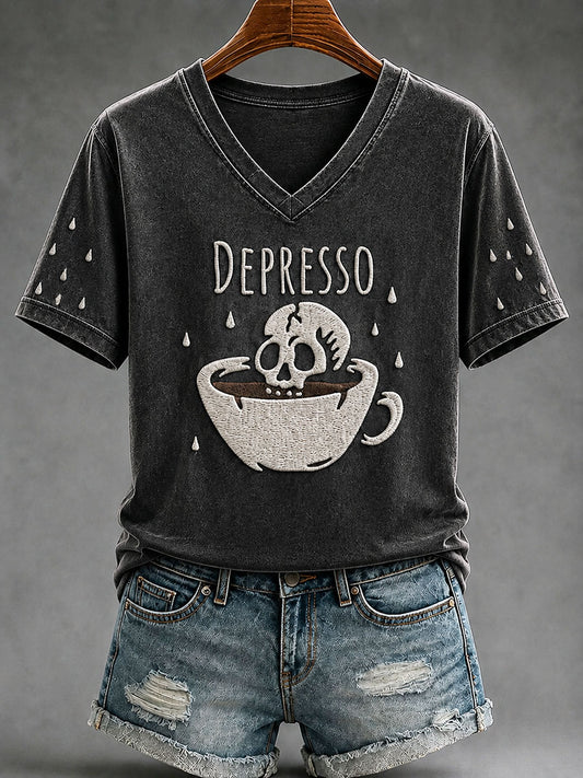 Women's "Depresso" Fun Skull Cafe Halloween Casual T-shirt