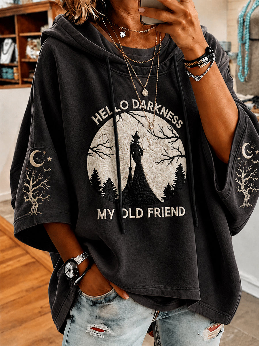 Women’s Funny Halloween Hello Darkness My Old Friend Witch Print Casual Short-Sleeve Hoodie