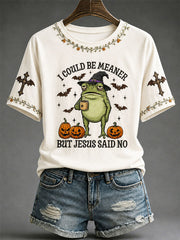Women's 'I Could Be Meaner But Jesus Said No' Fun Faith Halloween Casual T-shirt