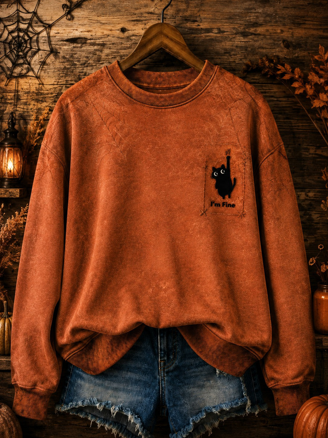 Women's Black Cat I'm Fine Halloween Printed Sweatshirt