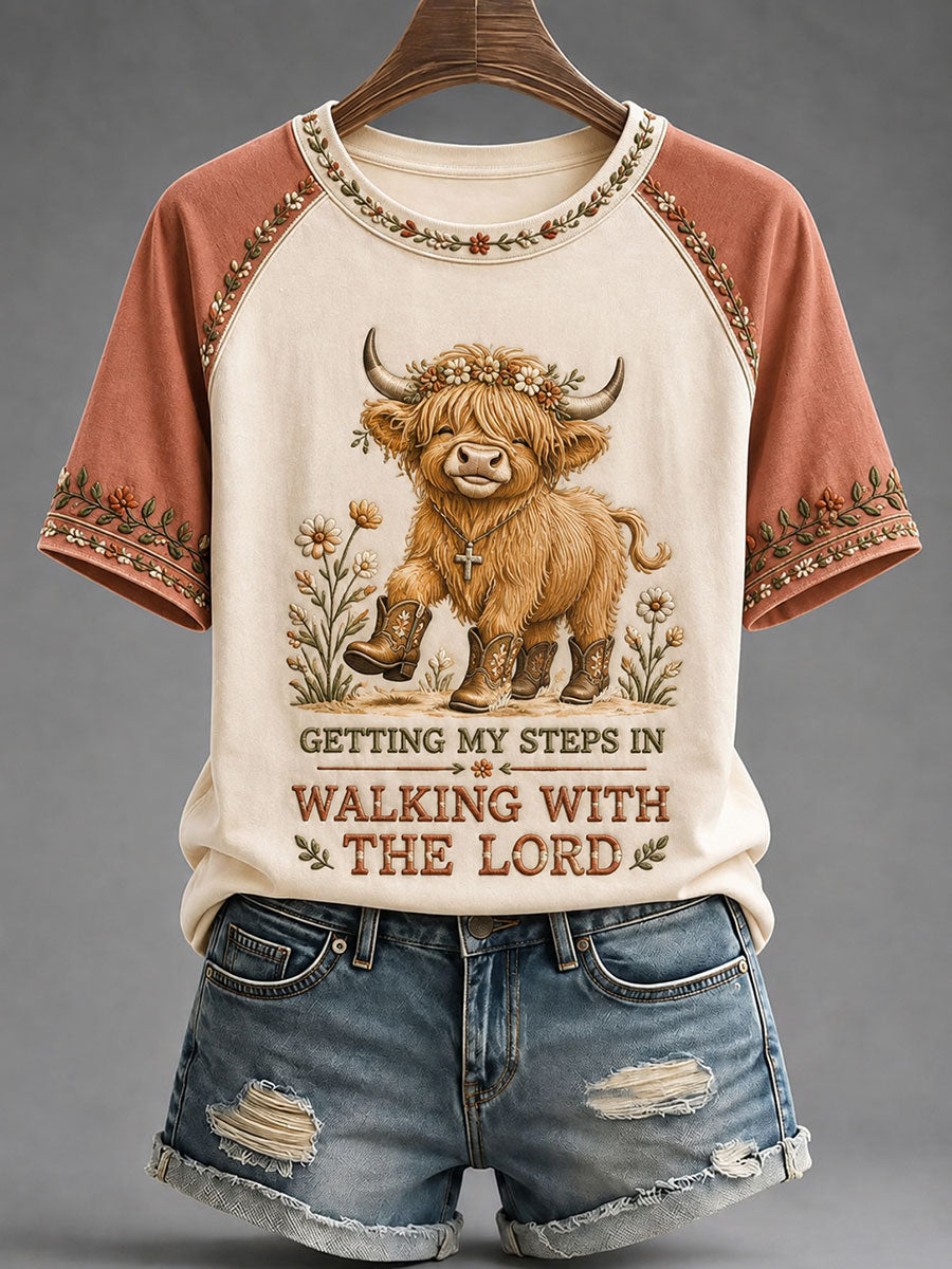 Women's Getting My Steps In Walking With The Lord Highland Cow Short Sleeve T-shirt