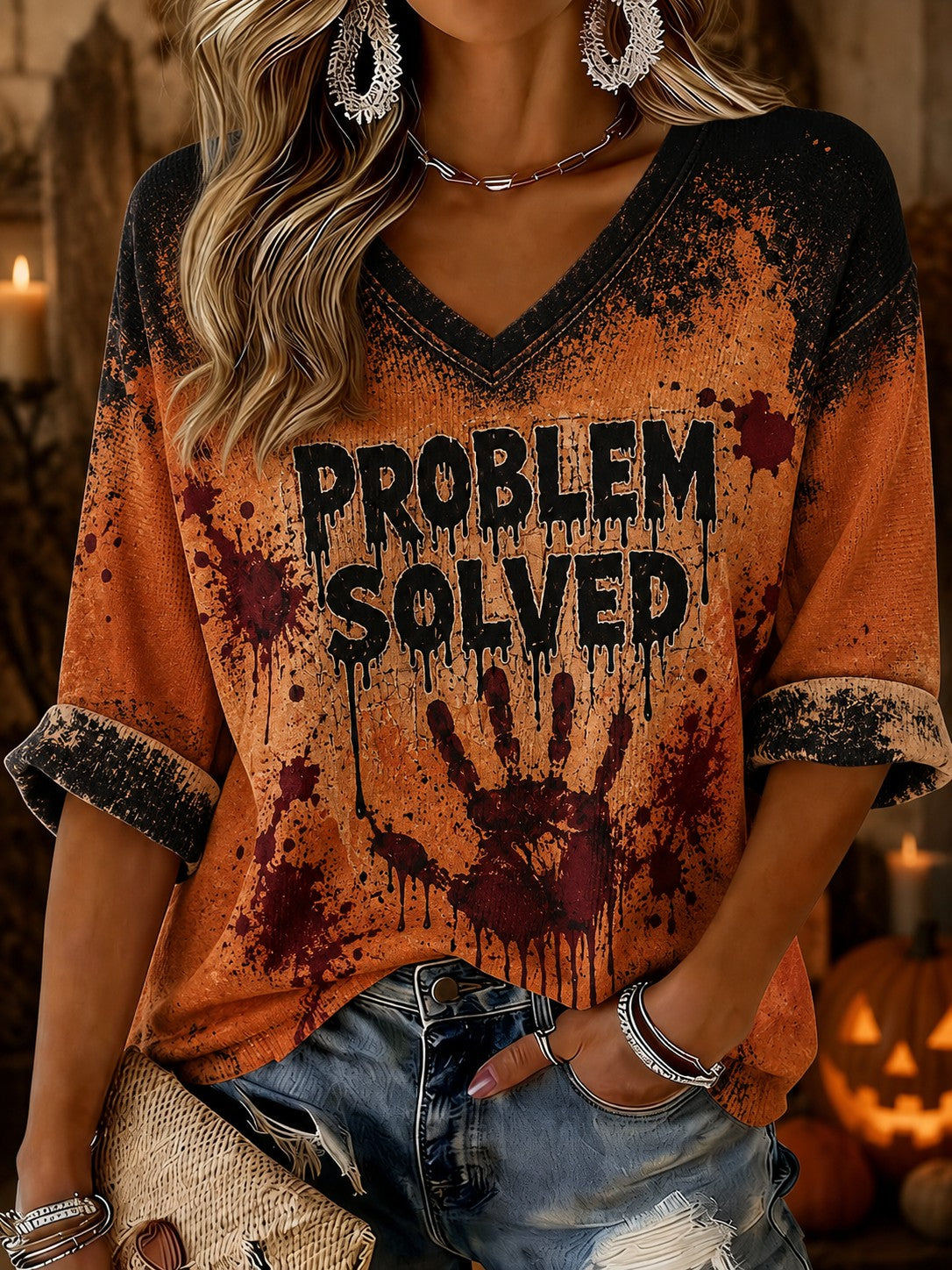 Women's Problem Solved Printed Mid-length Sleeves V-neck T-shirt